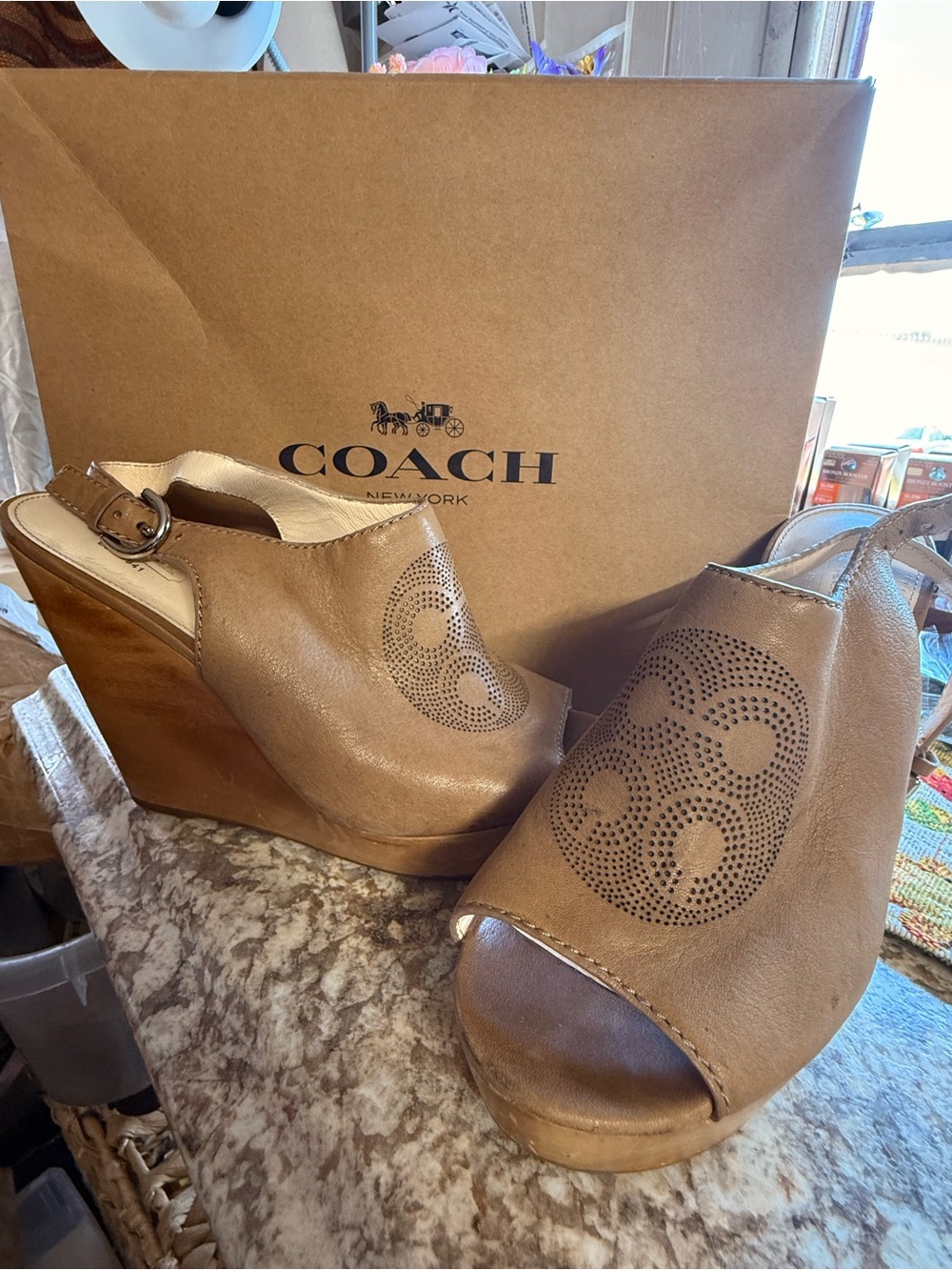 COACH Brown Leather Open-Toe Wedge Sandals
